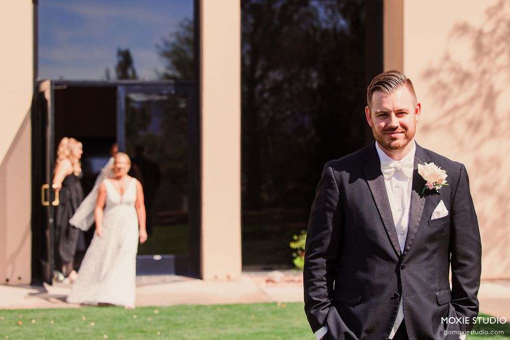 A row of outdoor wedding photos showing formal attire and romantic moments against a peach-colored building.