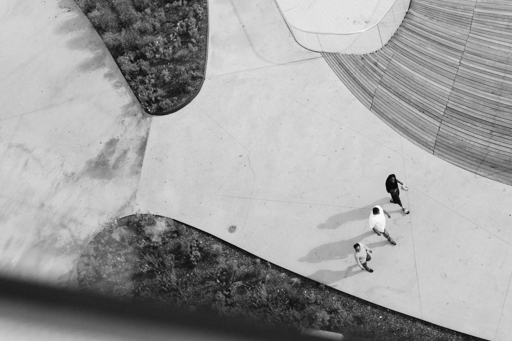 Aerial view of men walking at Navy Pier in Chicago
