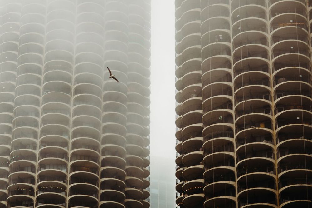 Marina towers on a foggy day in Chicago
