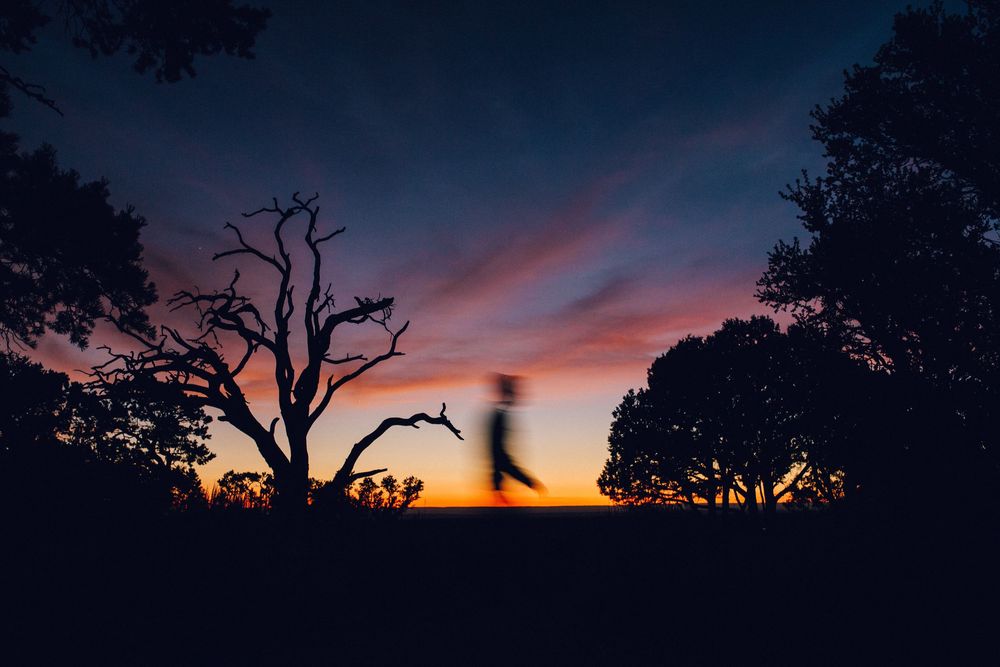 Silhouette of man in motion at Grand Canyon at sunset