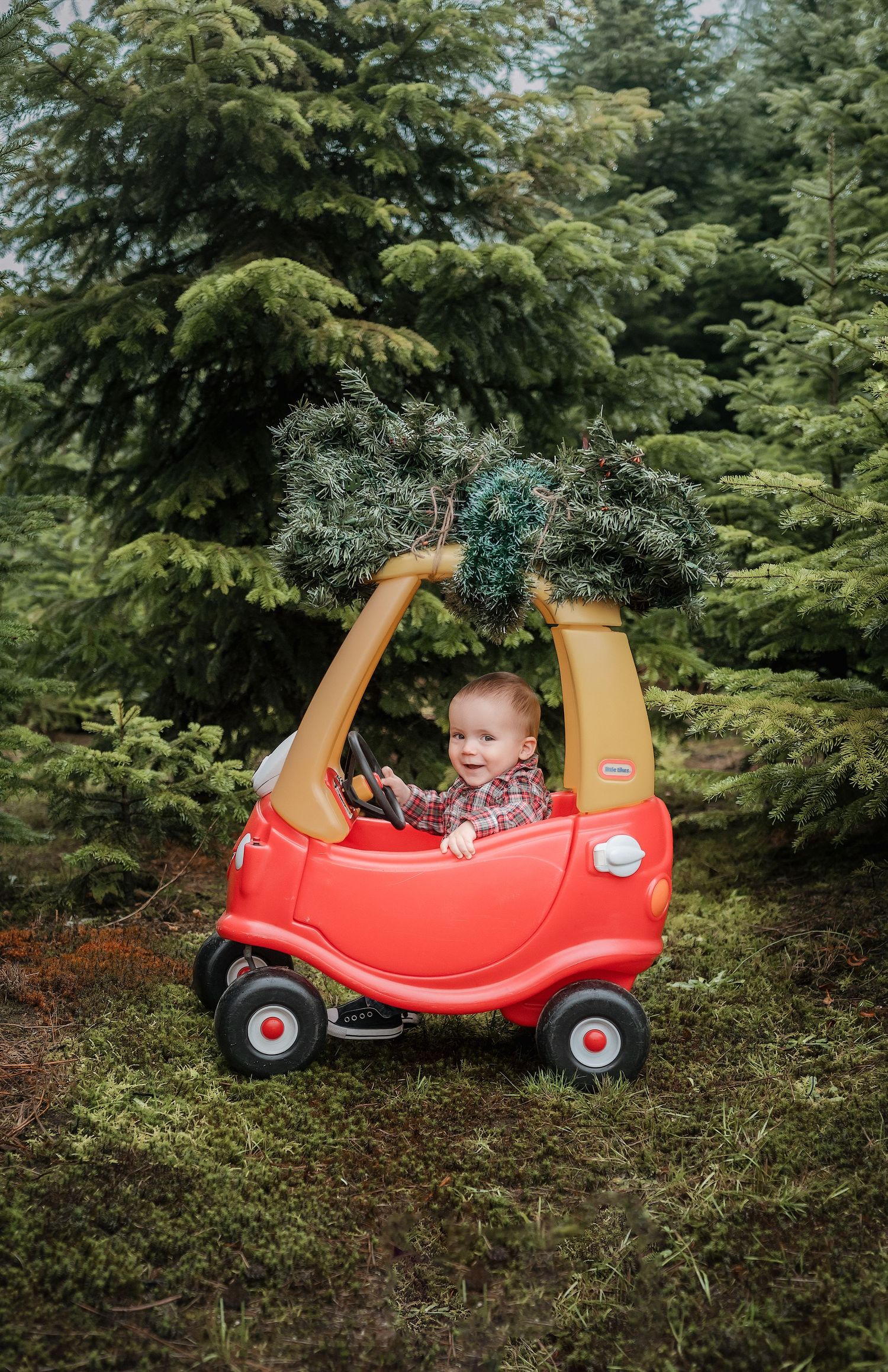 Small red toy cozy coupe car parked in front of evergreen trees during an outdoor photoshoot.