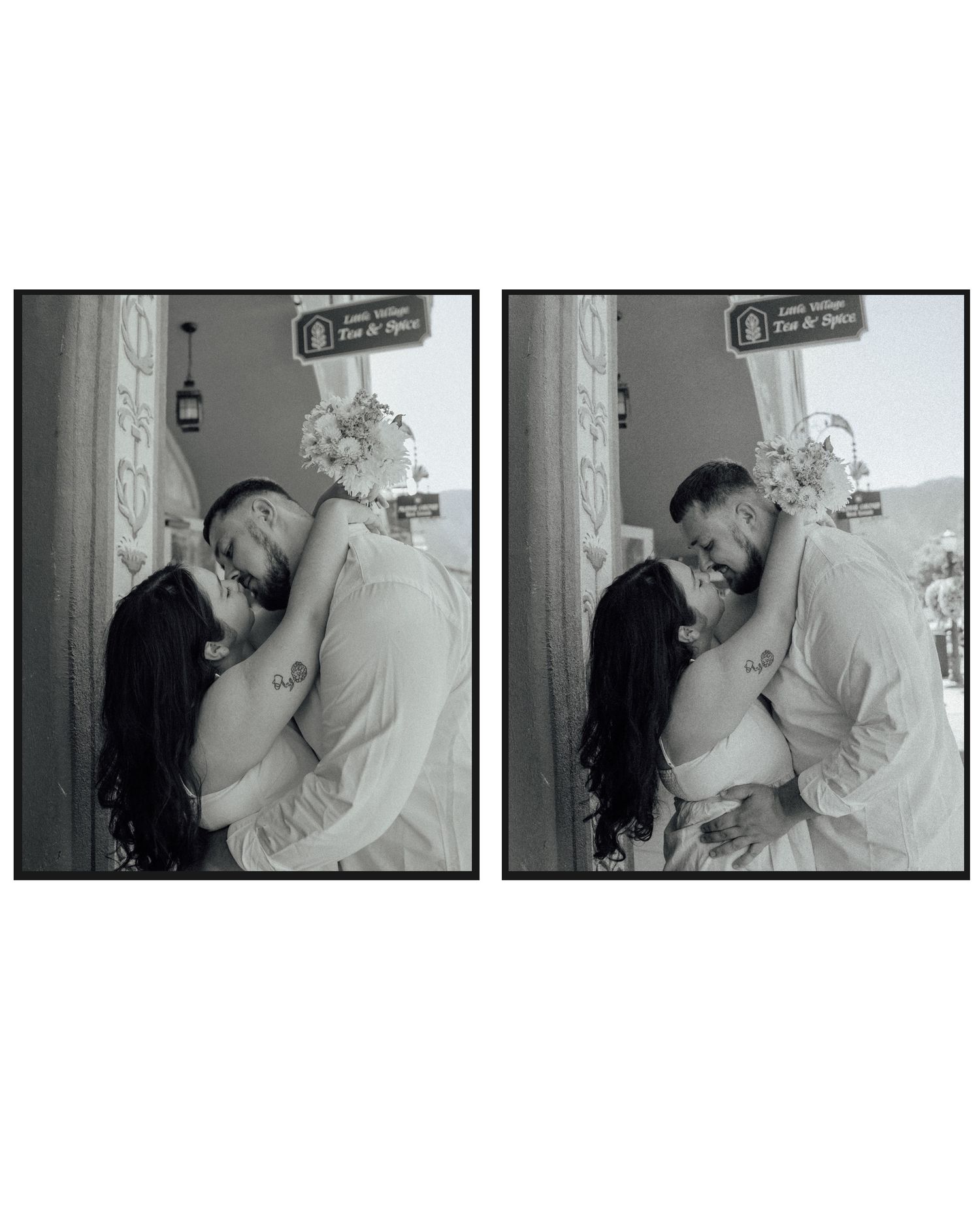 A romantic black and white diptych of a tender embrace between two people during a special moment.