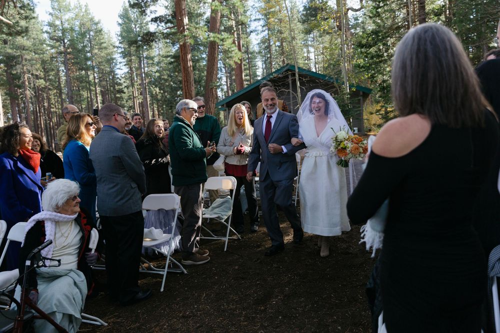 Wedding guests gathered in a forest clearing for an outdoor ceremony.