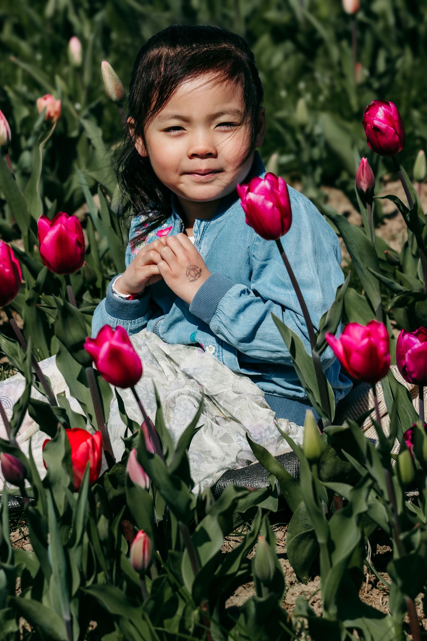 family moments shared among colorful tulips in a spring garden. Coventry and Warwickshire Photographer. Mothers Day Mini Sessions