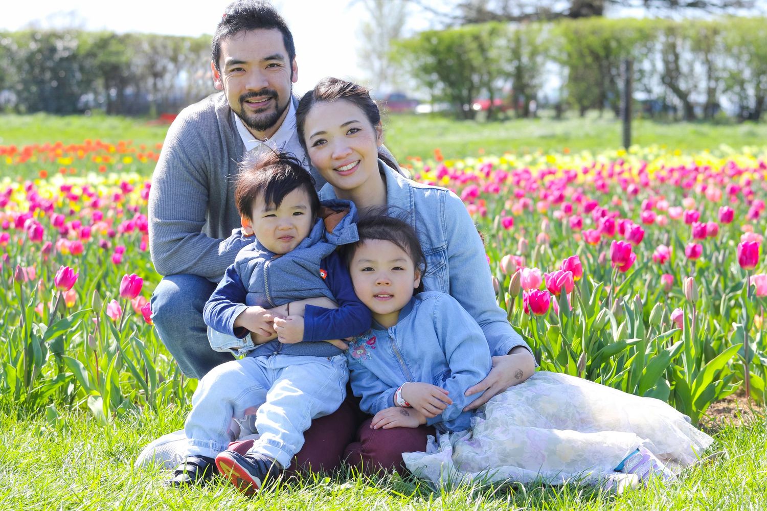 family moments shared among colorful tulips in a spring garden. Coventry and Warwickshire Photographer. Mothers Day Mini Sessions