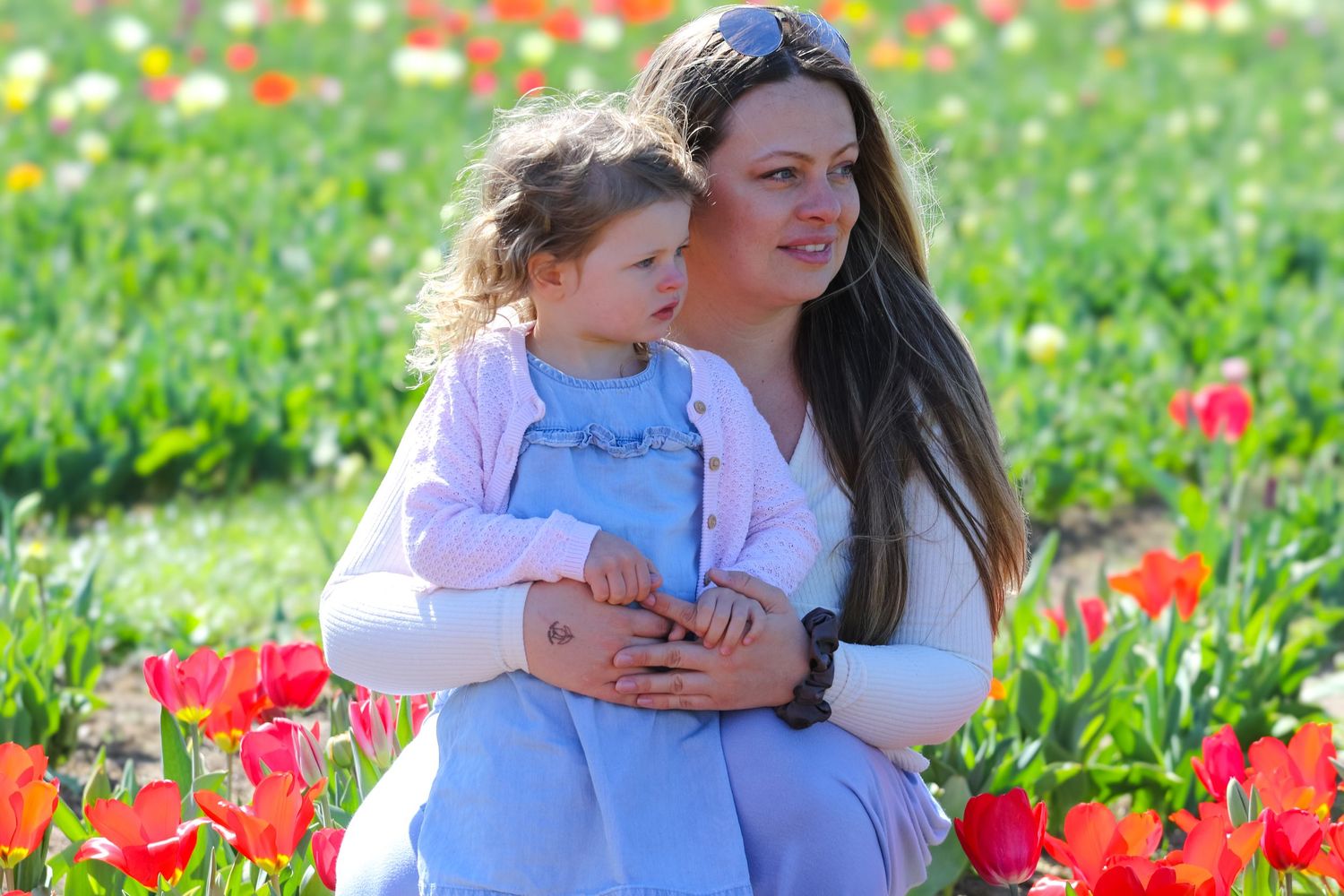 family moments shared among colorful tulips in a spring garden. Coventry and Warwickshire Photographer. Mothers Day Mini Sessions
