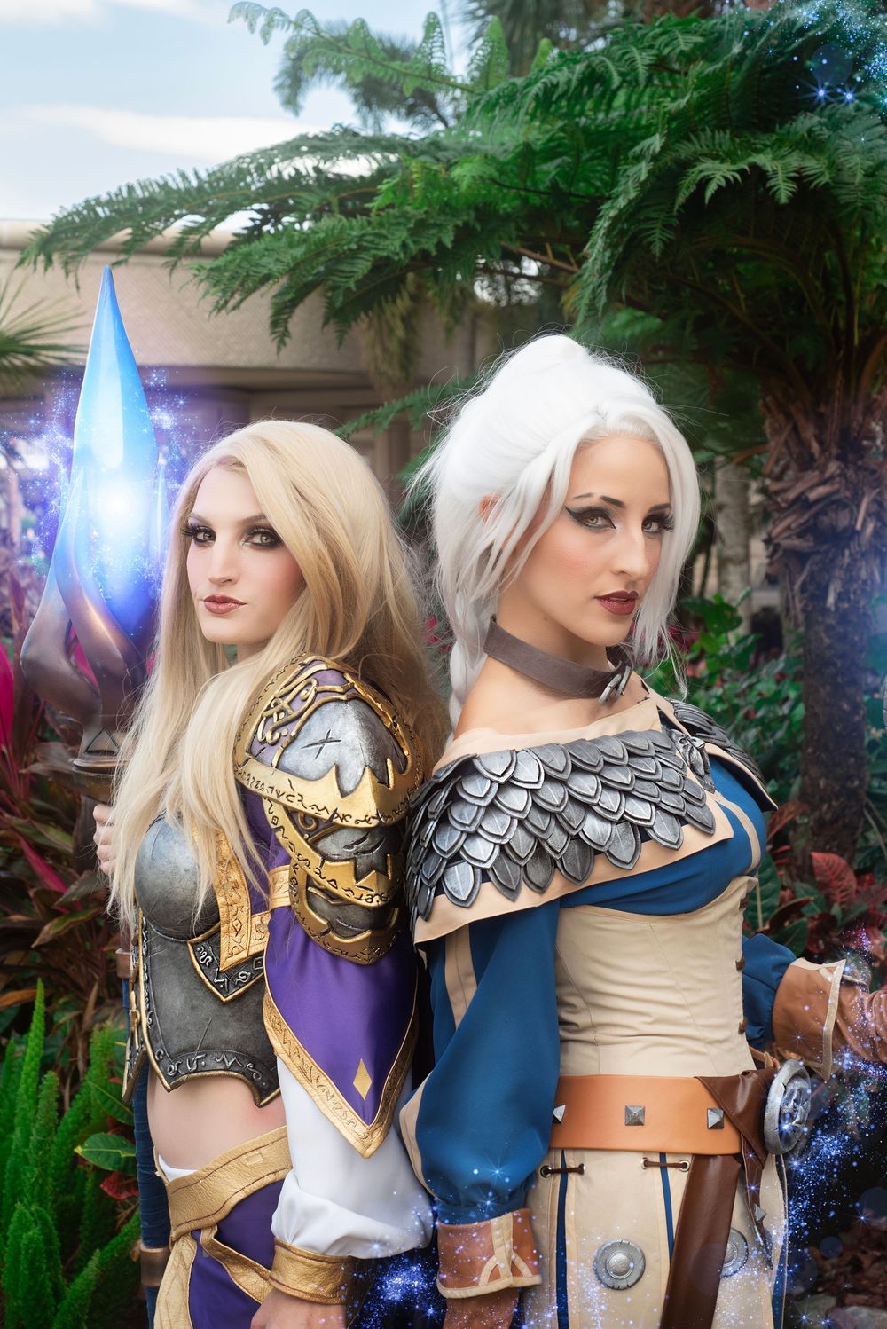 World of Warcraft Duo Cosplay photography session at Holiday Matsuri showcasing dynamic character poses with staff prop