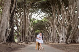 Couple embracing under a stunning cypress tree tunnel on a scenic path, perfect for romantic engagement photos.