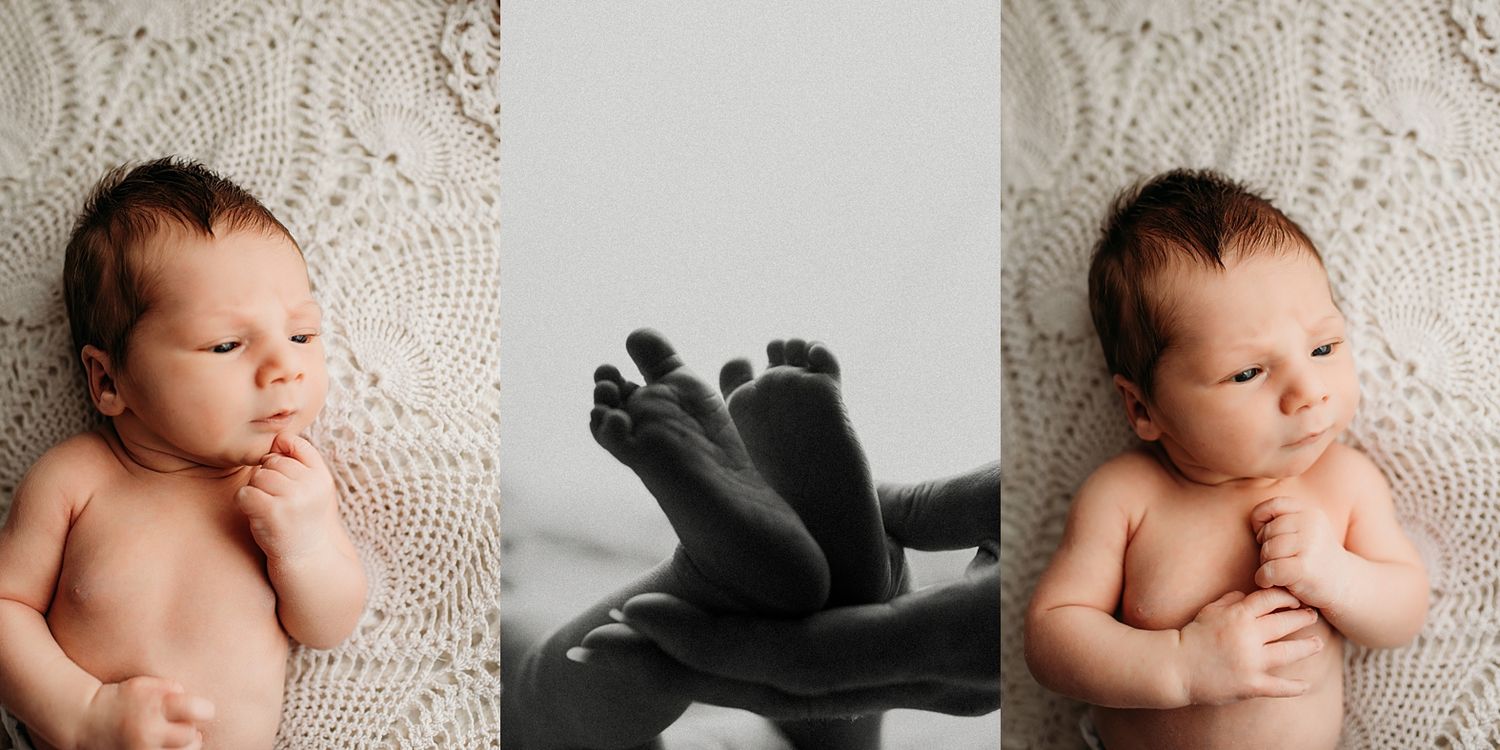 Triptych of newborn baby photos showing peaceful sleeping infant, tiny feet held by adult hands, and alert newborn on white lace blanket.