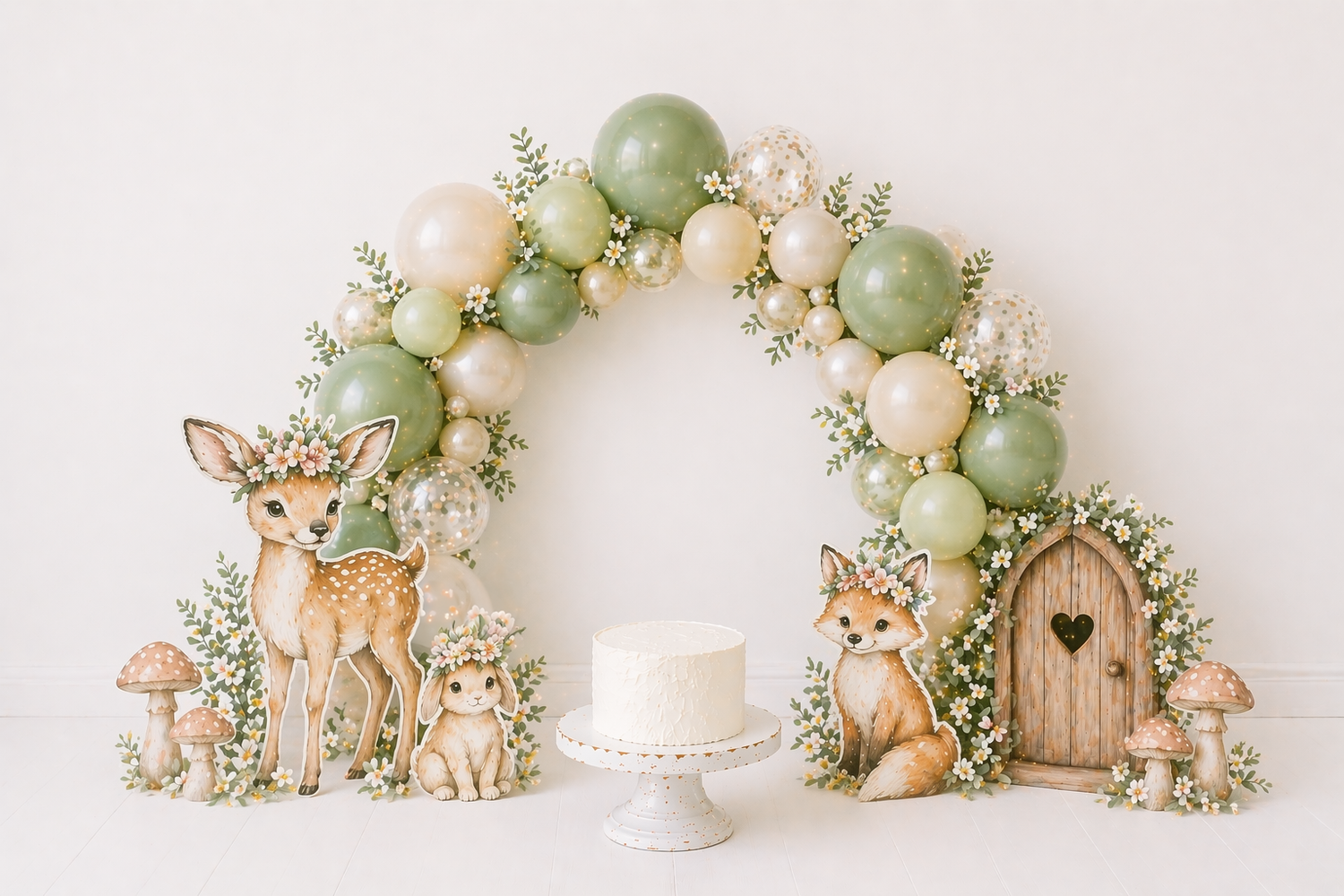 Enchanted forest first birthday backdrop with sage green balloons, woodland animals, and a white cake reading ONE today.