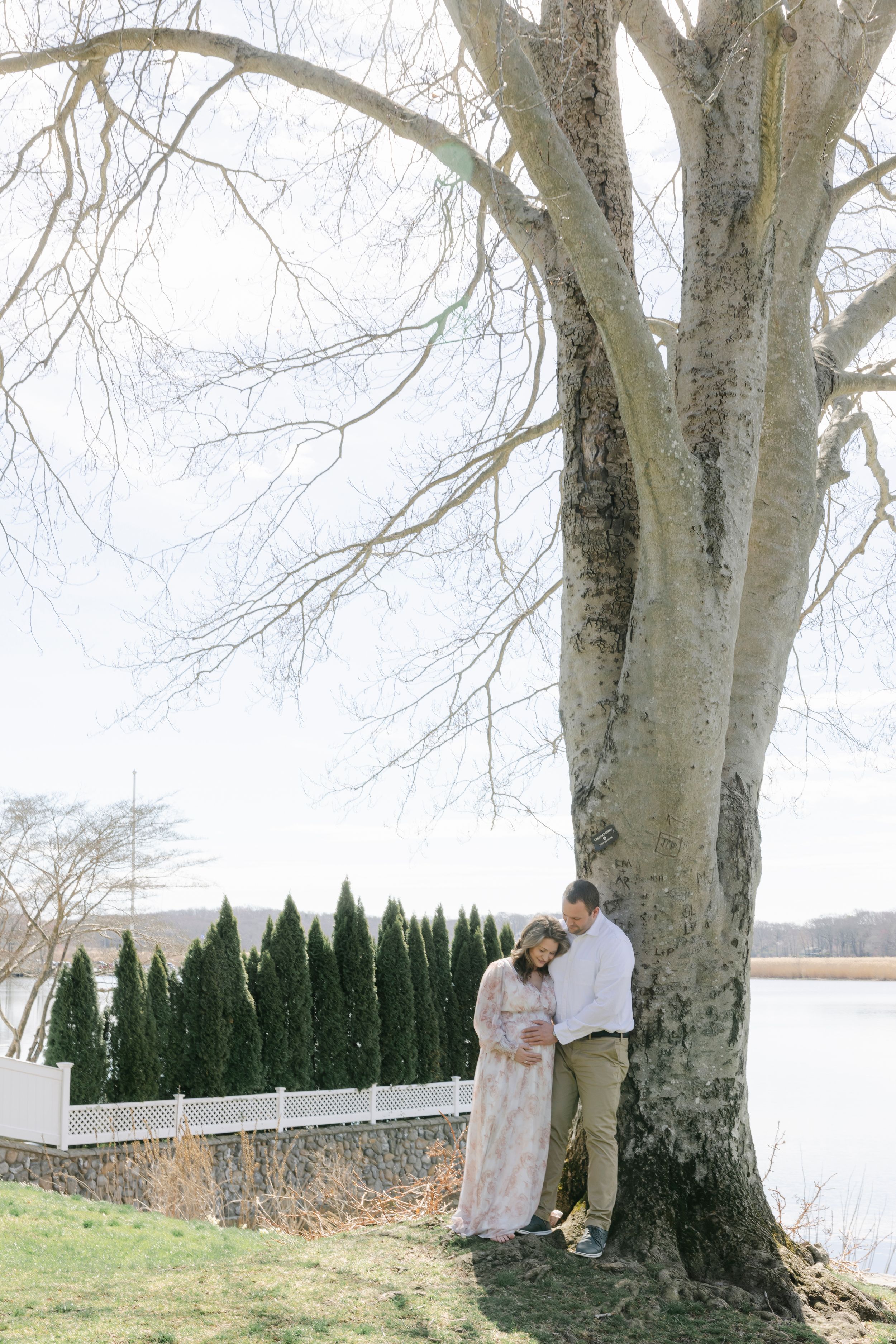 Couple sharing a tender maternity moment under a large bare tree by a serene waterfront on a clear day.