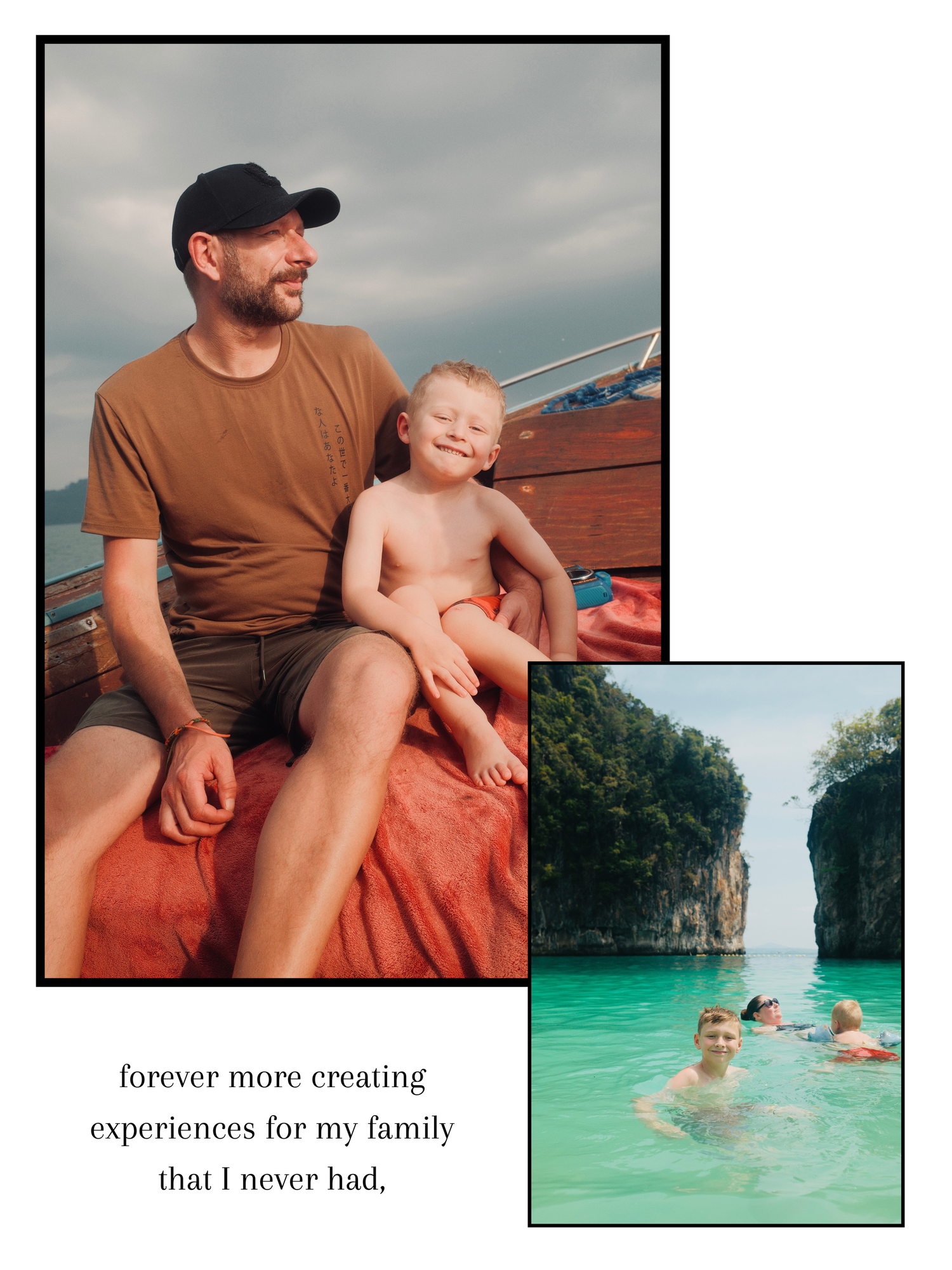A father and young child sit together on a boat in Thailand, with a second photo showing them swimming in turquoise waters.