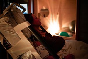 Woman resting in hospital bed during labor with warm ambient lighting in birth room.