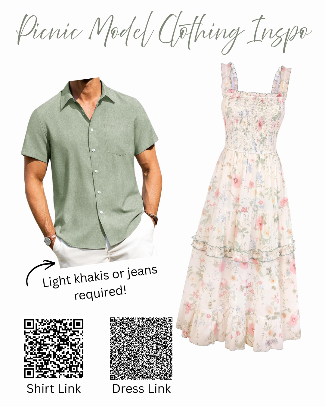 Picnic model clothing inspiration featuring a sage green men's shirt and a floral smocked sundress with QR code shopping links.