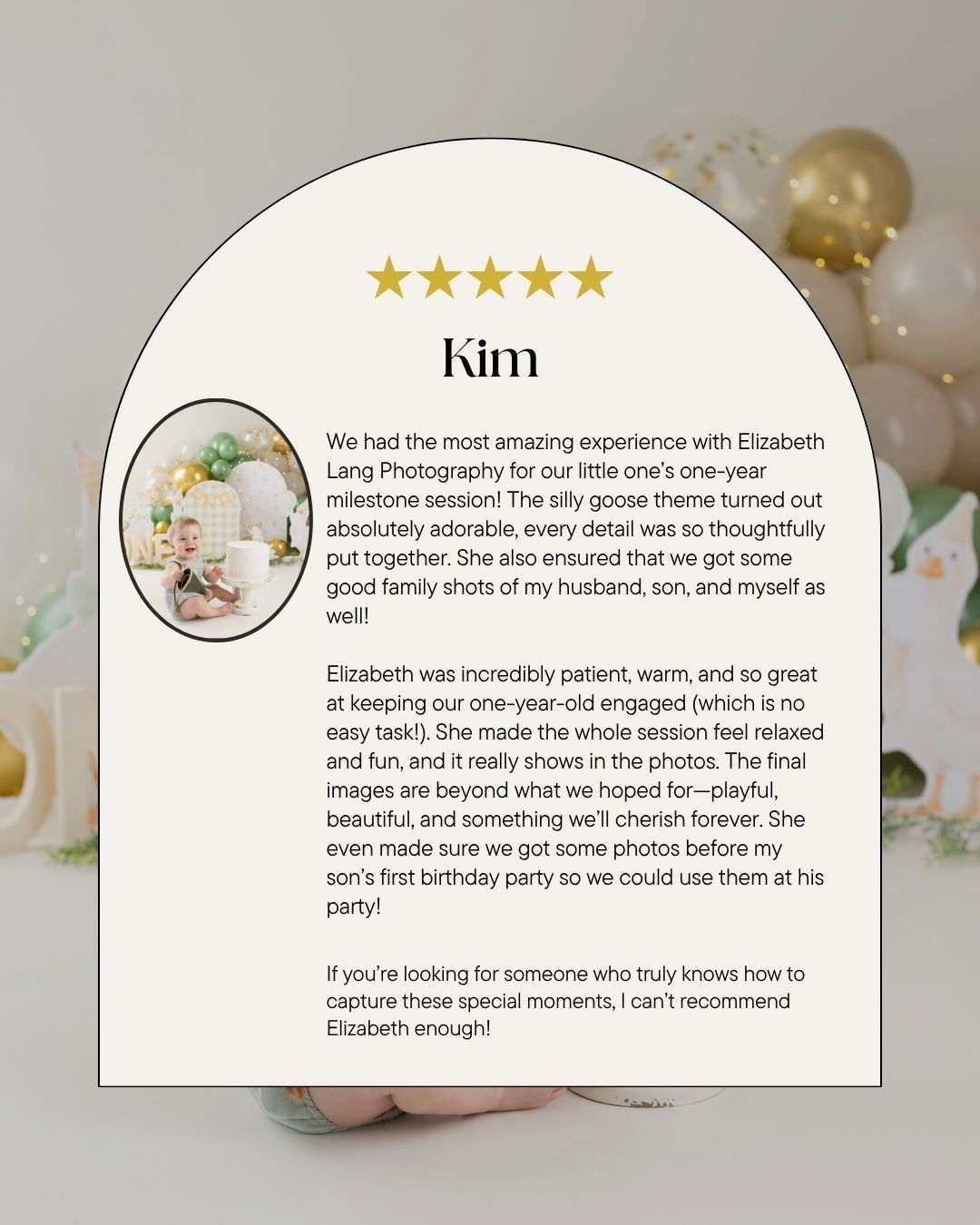 Five-star review from Kim praising Elizabeth Lang Photography for a one-year milestone session with silly goose theme.