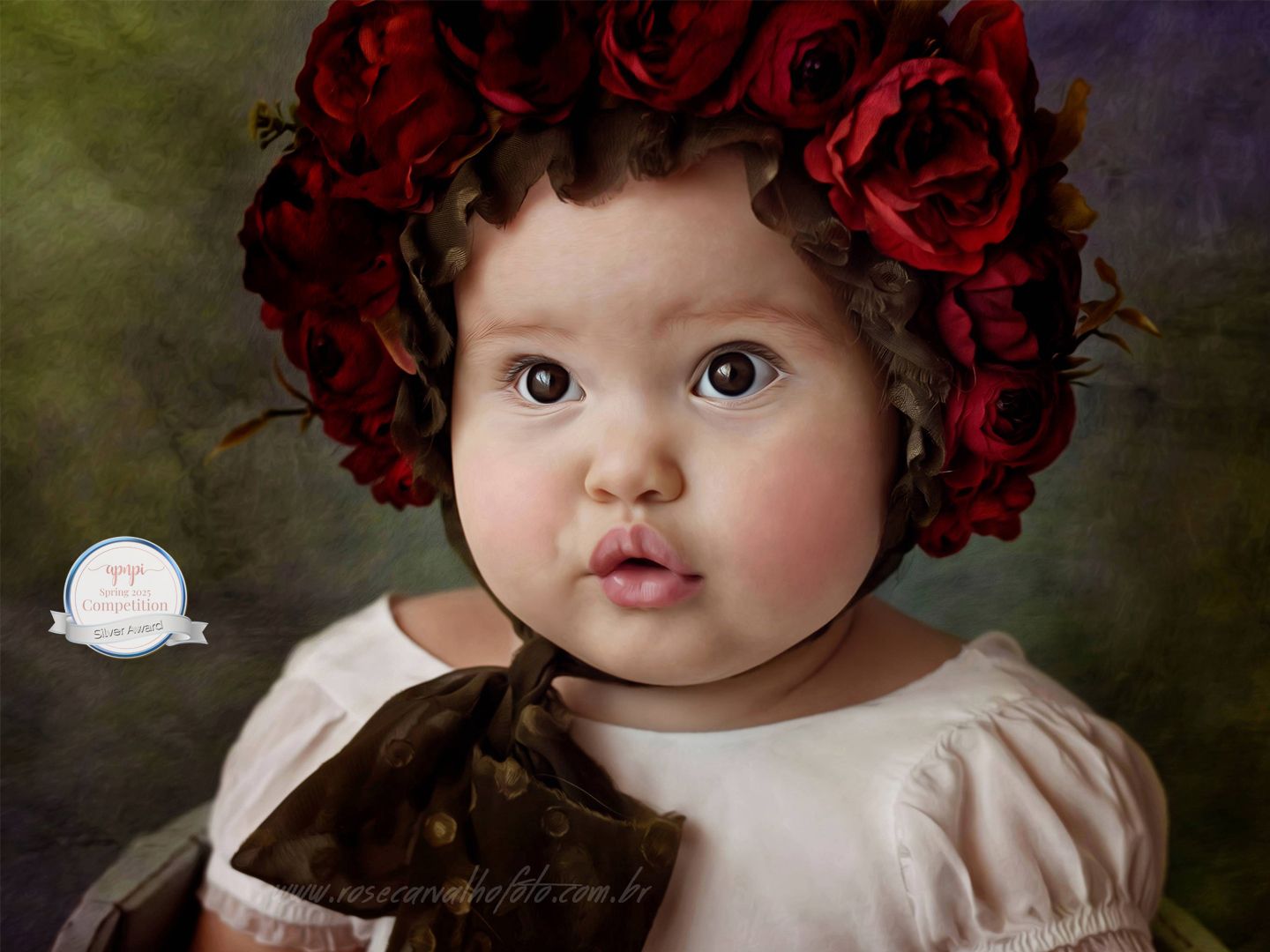 Retrato artístico de bebê com capuz clássico de flores escuras e vermelhas em estilo fine art, por Rose Carvalho.