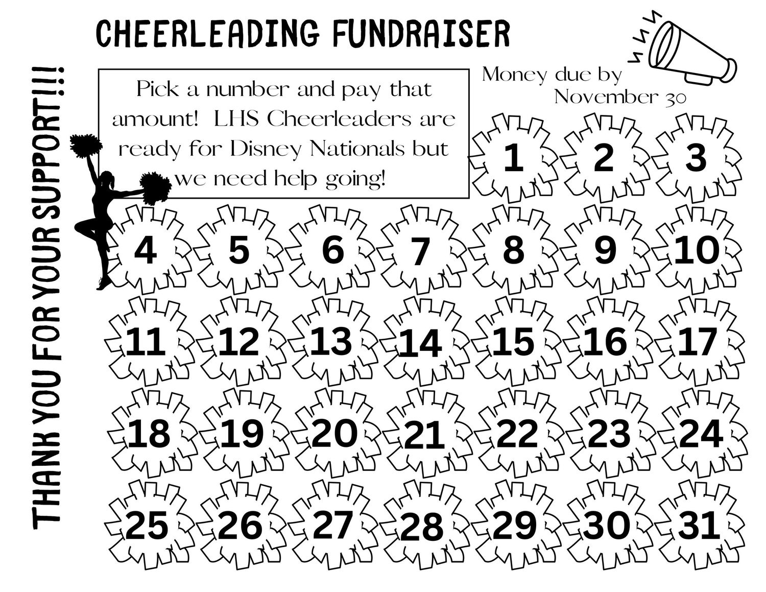 Cheerleading fundraiser sheet with numbered squares 1-31 for Disney Nationals, asking supporters to pick and pay a number.