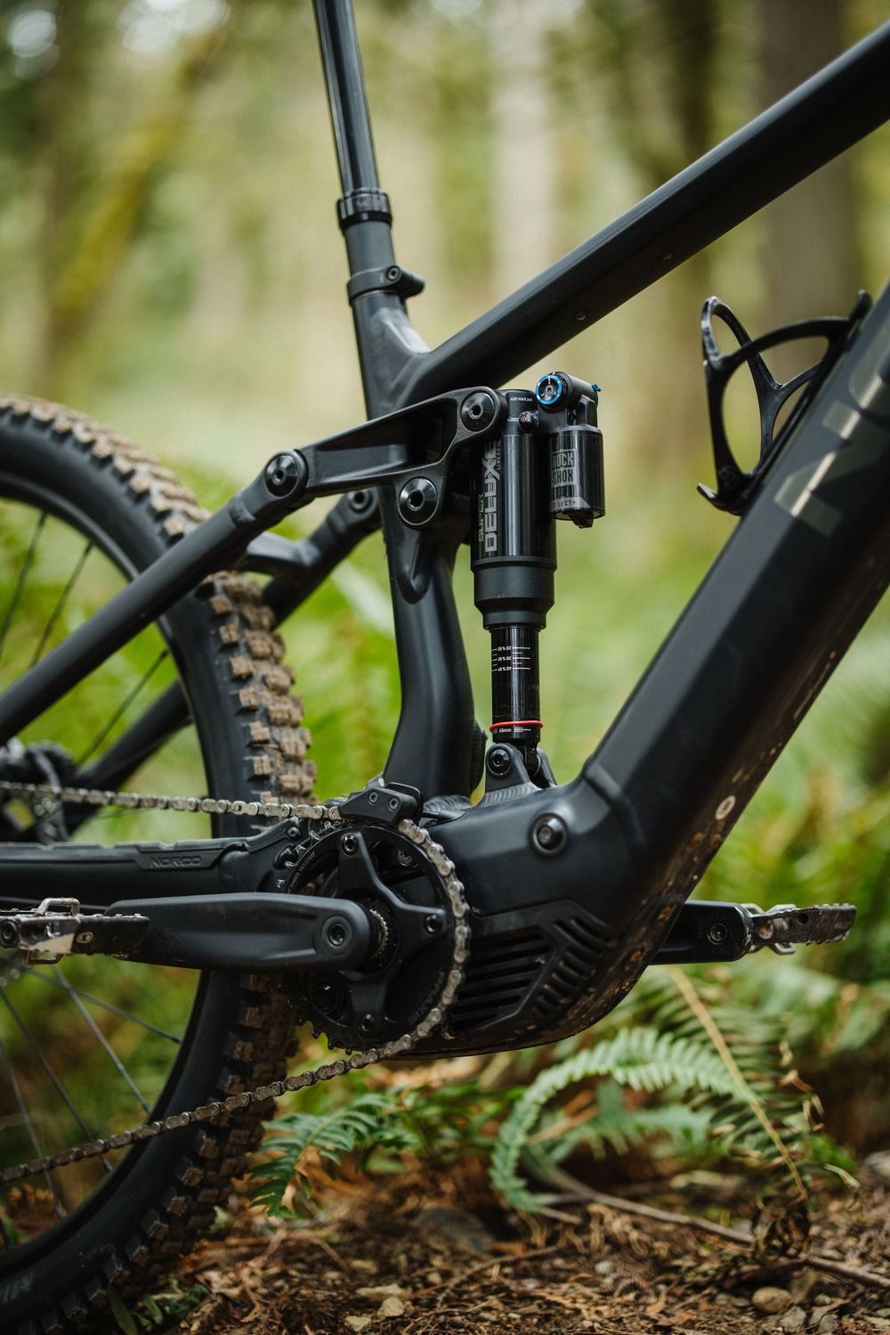 Close-up of black e-MTB rear suspension, Deluxe shock, and motor in a lush forest setting.