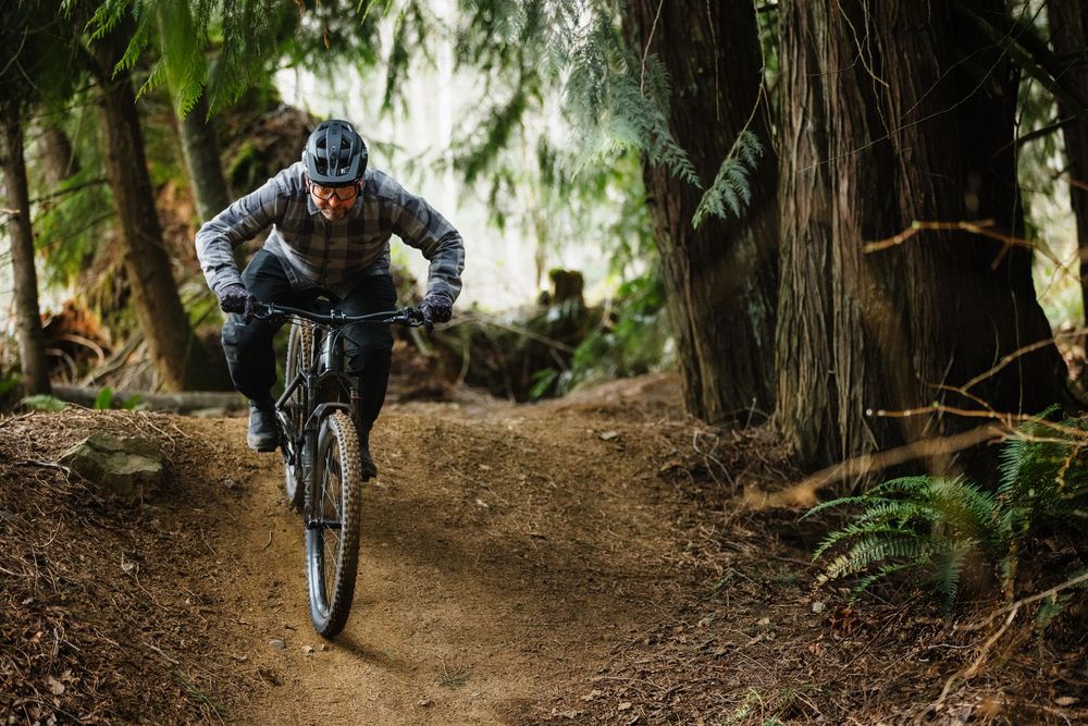 Mountain biker in a gray jacket riding fast down a dirt trail through a redwood forest.