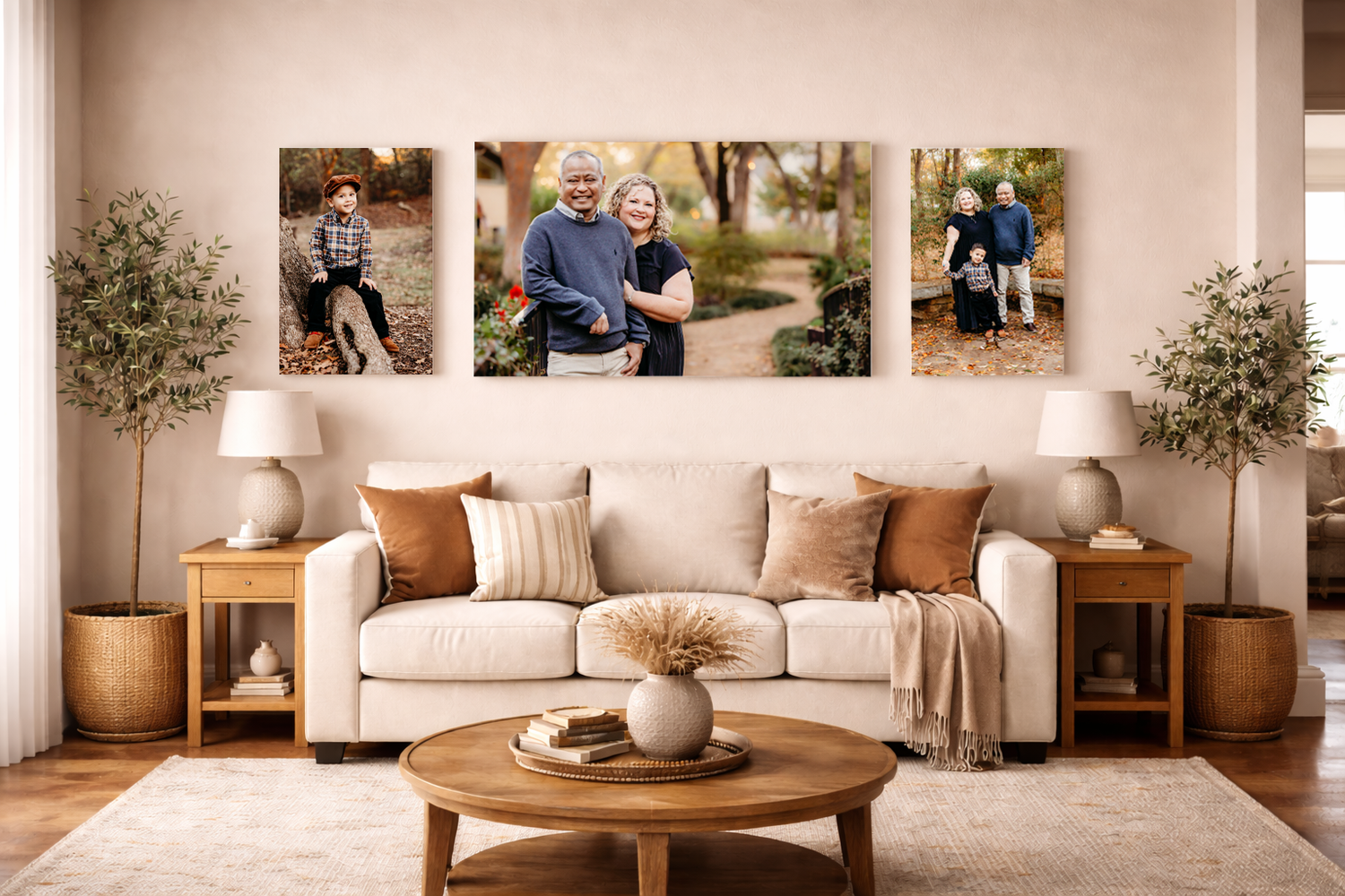 A cozy living room with a beige sofa displaying three family portrait canvas prints above it in Keller, TX