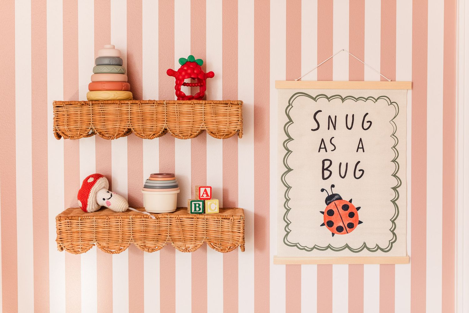 Richmond, Virginia nursery decor on the wall with a sign that reads snug as a bug and shelves that have cute toys.