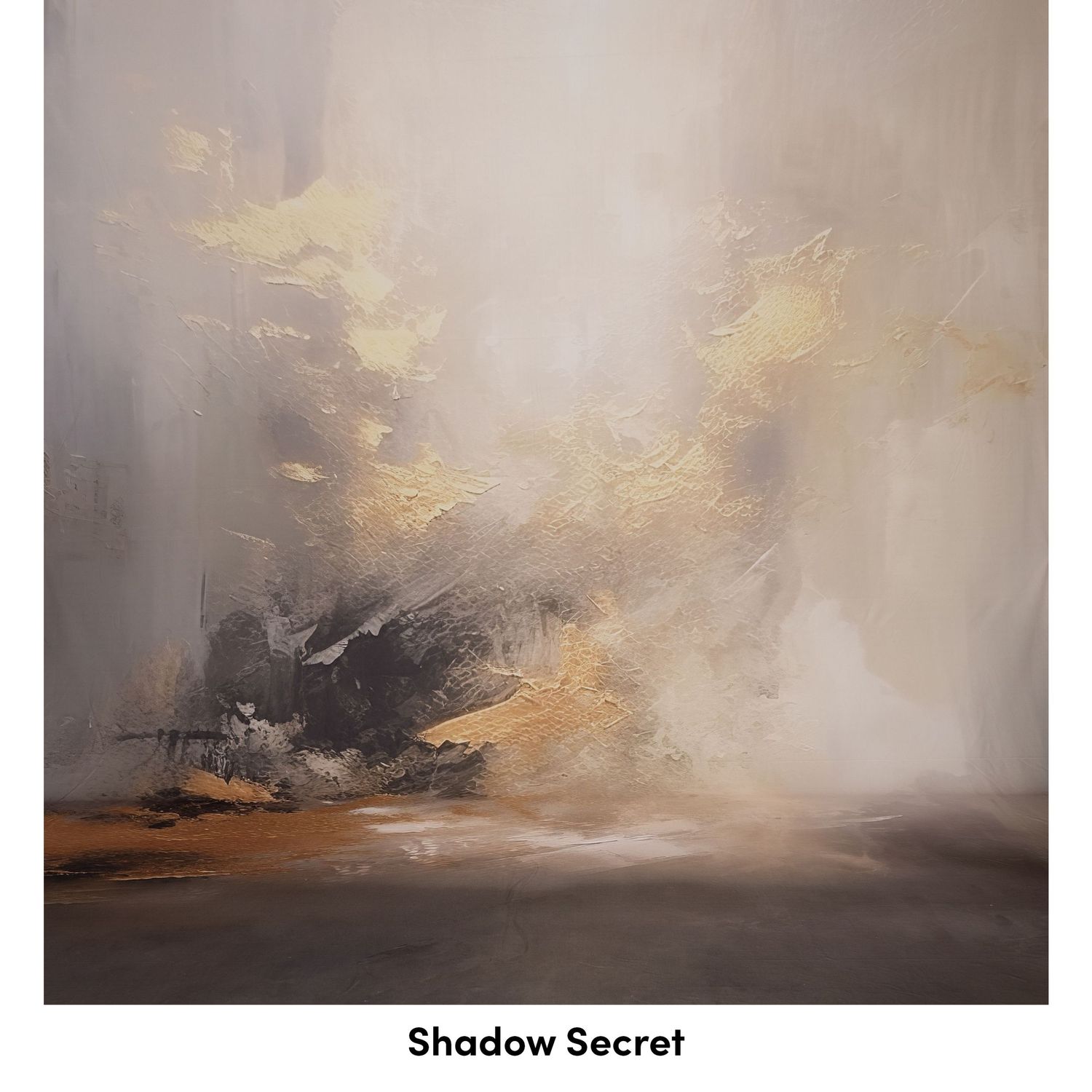 Dramatic abstract painting with dark shadows and golden highlights creating a moody atmospheric scene.