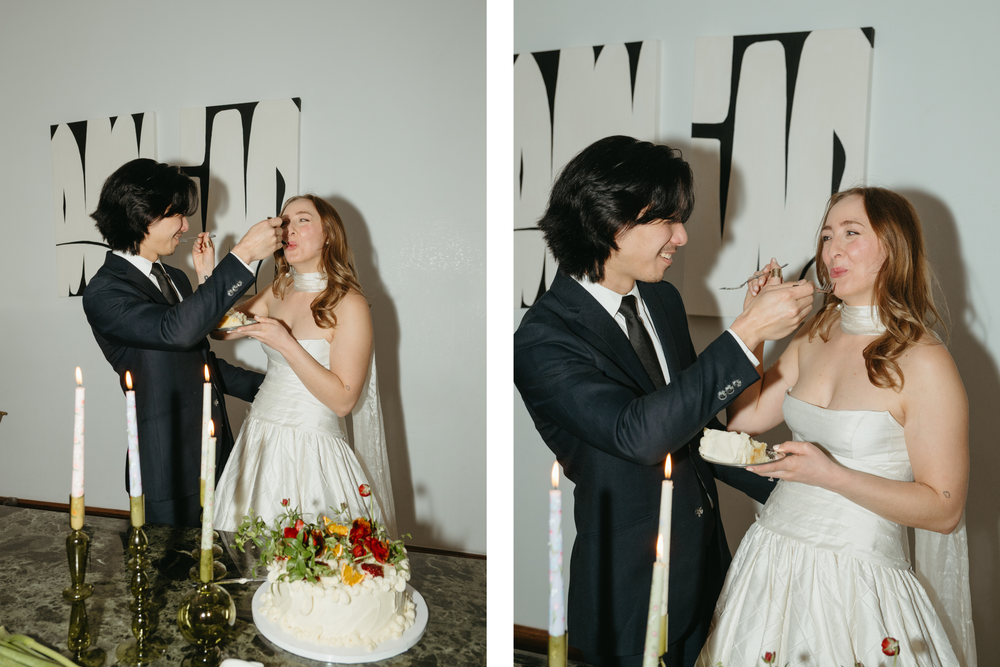 A romantic wedding couple shares tender moments in a series of black and white and color photographs.