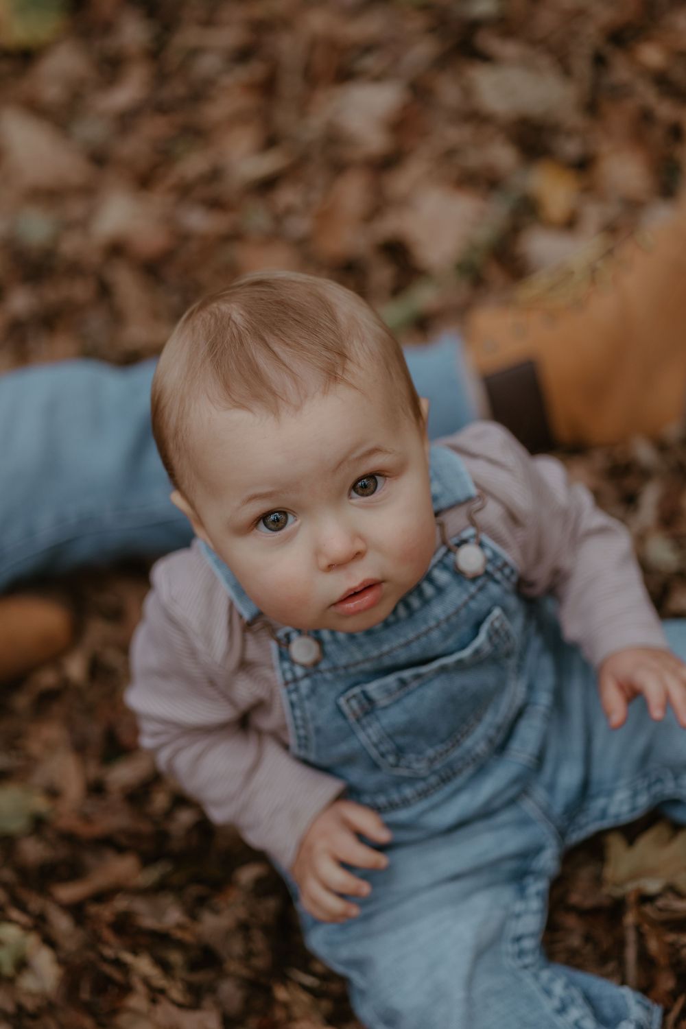 Baby in denim overalls sitting on autumn leaves with curious expression.