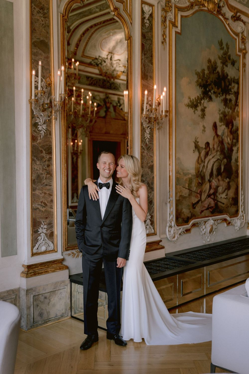 Bride and groom posing of their wedding photo shoot at luxury Hotel Aman Venice