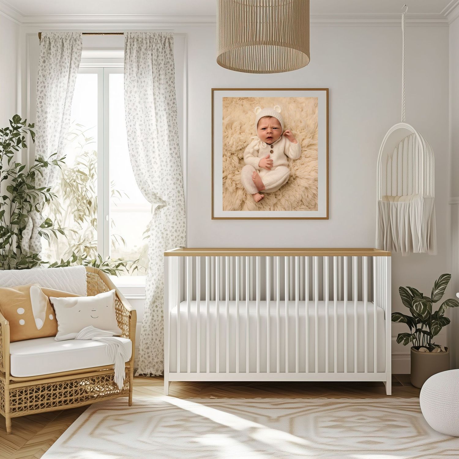 Newborn photography portrait, captured by Charlottesville maternity photographer Somerset Portraits, hangs in a white boho nursery.