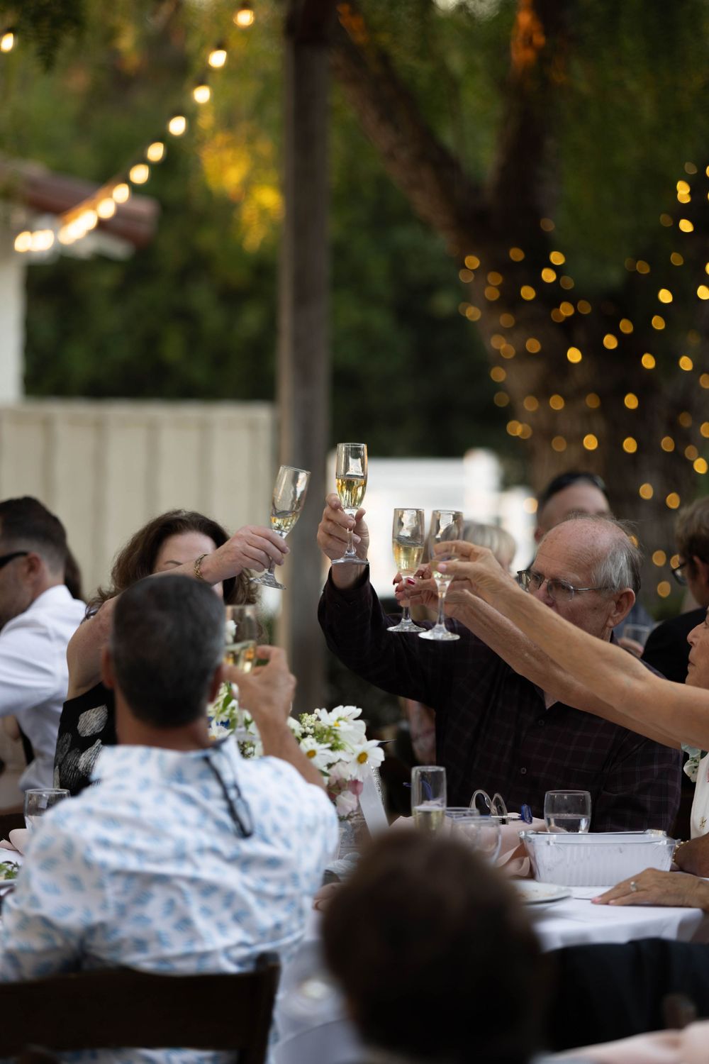 Wedding guests raise champagne glasses in a toast during an outdoor reception with twinkling lights in the background.