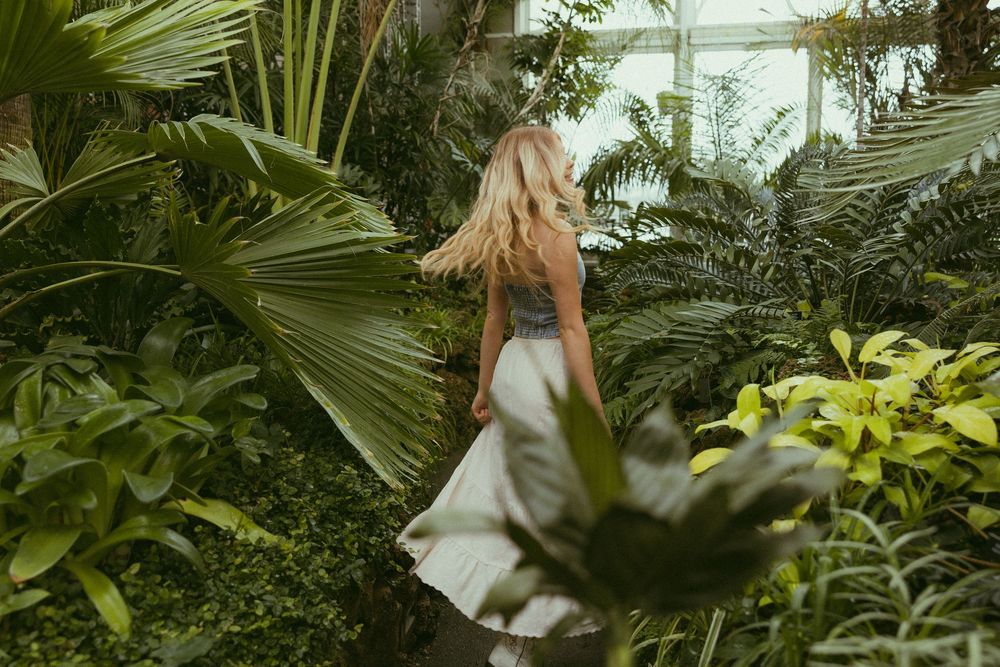 A lush greenhouse interior filled with tropical palm fronds and various green plants creates a serene botanical atmosphere.