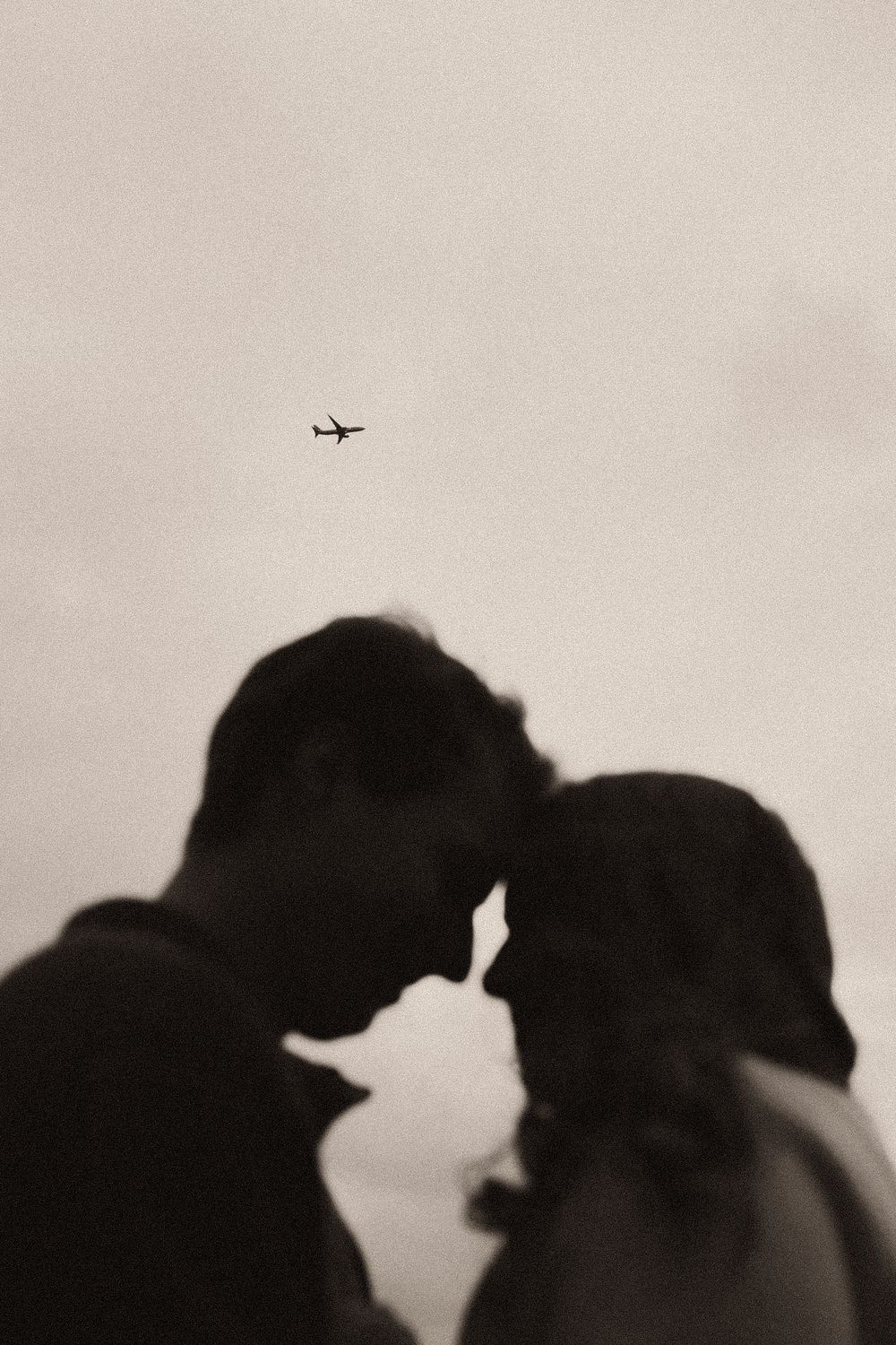 A silhouette of dogs and people against a light sky with a small airplane visible in the background.