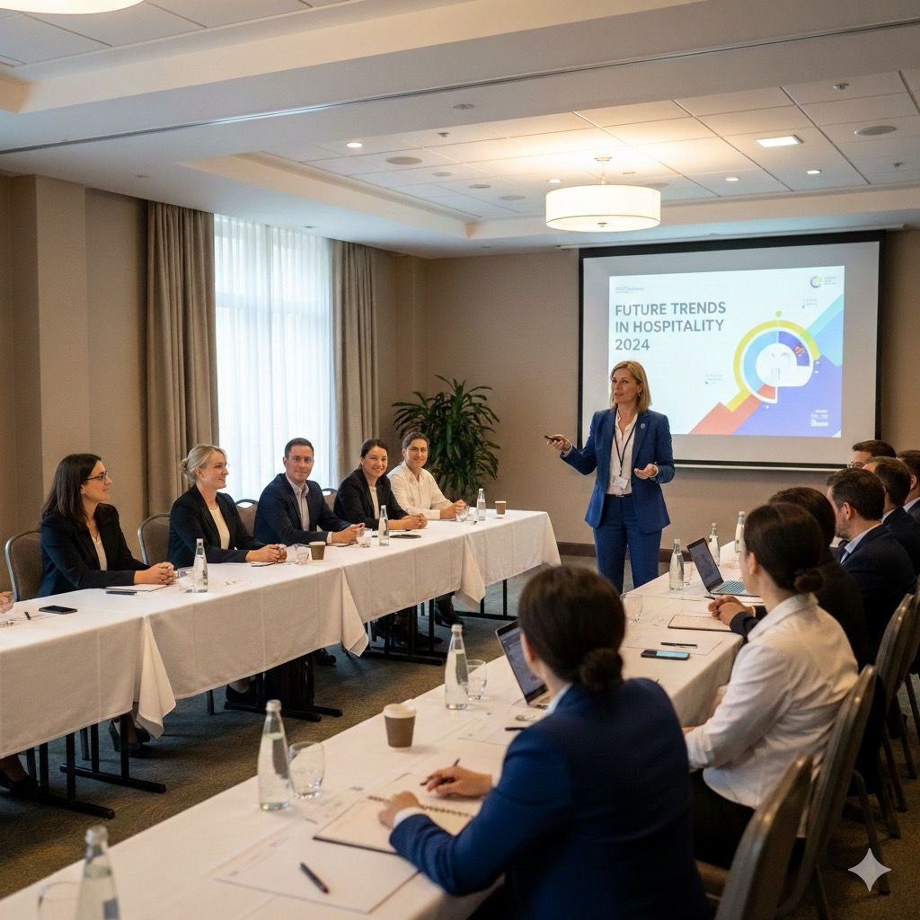 Business professionals seated around U-shaped conference table arrangement during corporate meeting in modern office space.