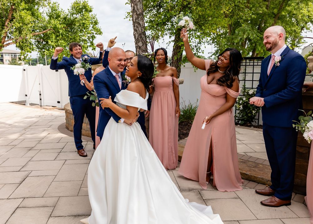 Candid moments of wedding party laughing and posing on stone patio surrounded by greenery.