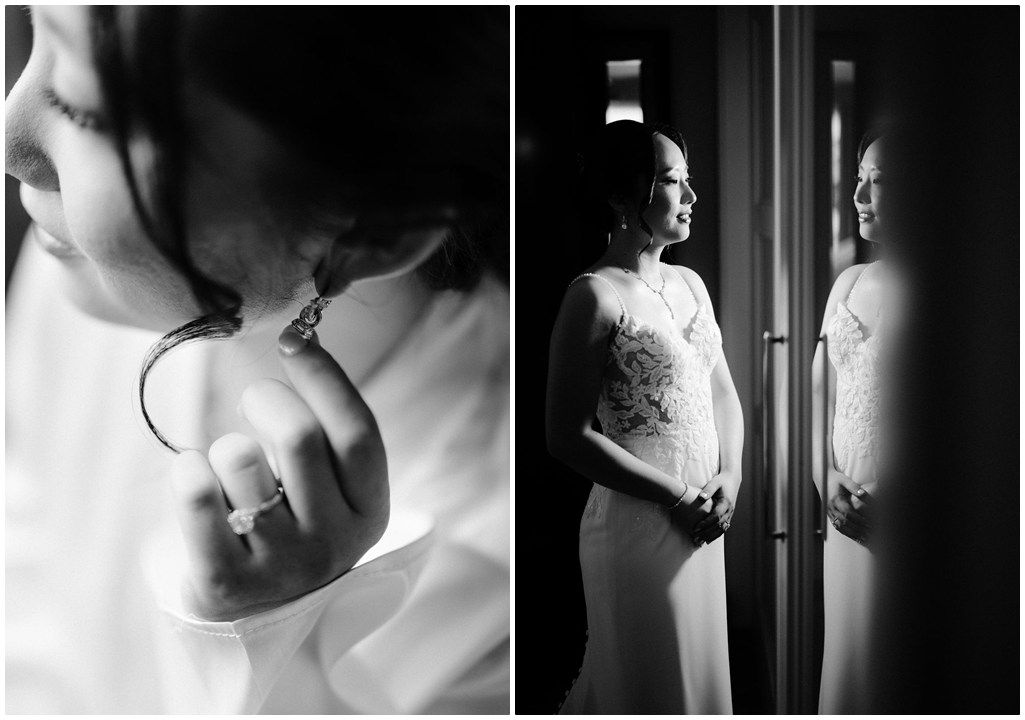 A series of black and white close-up photographs showing hands wearing engagement rings and wedding bands.