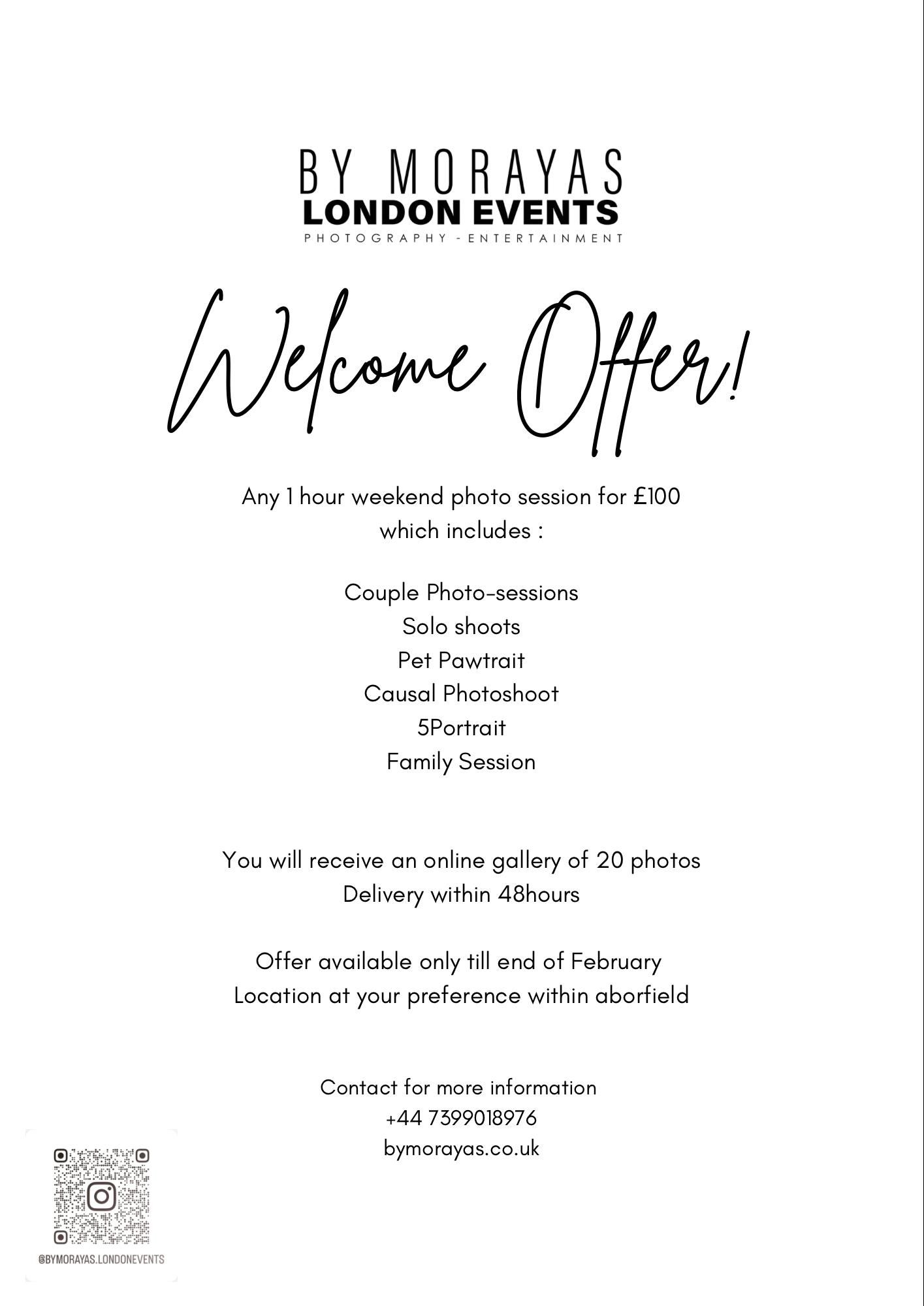 Photography session welcome offer promotion with pricing and package details in minimalist design.