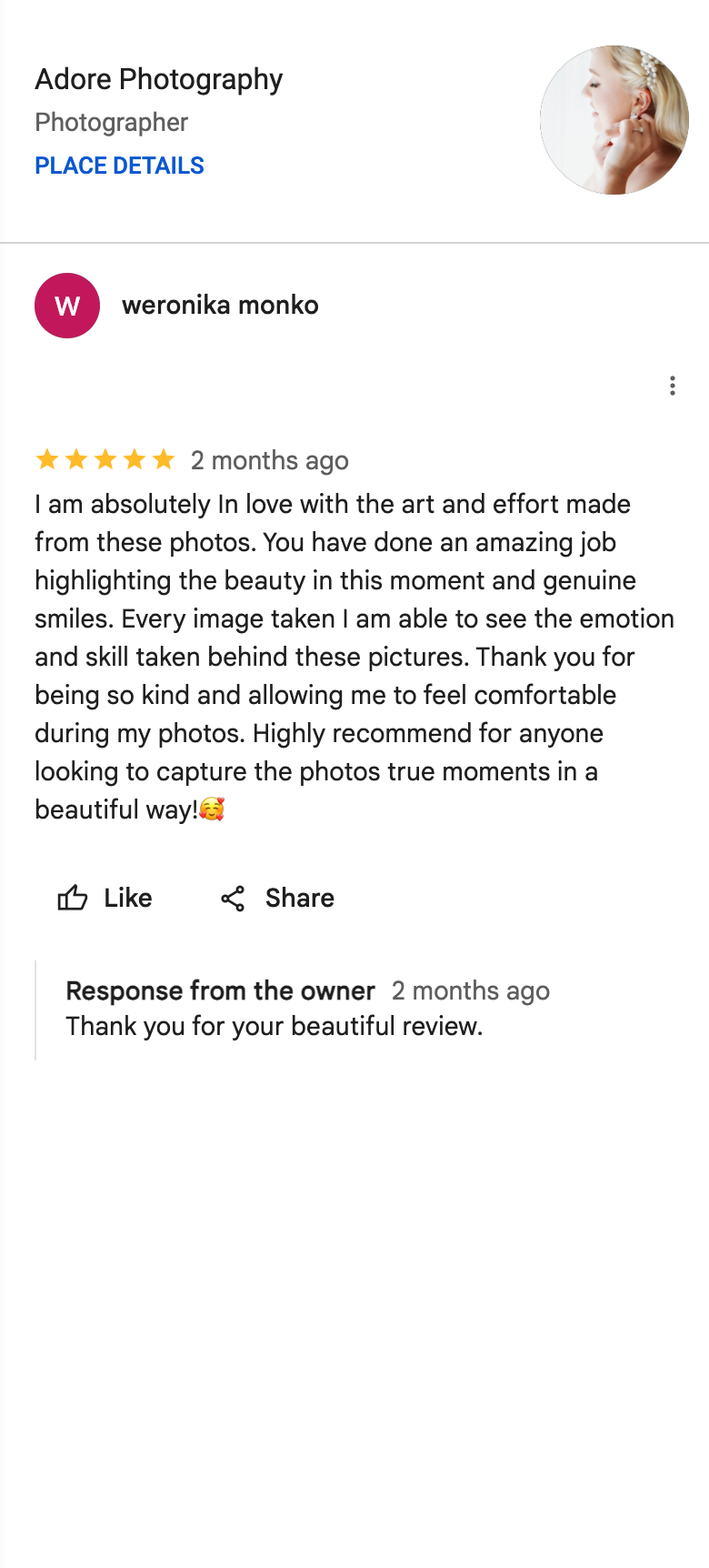 Five-star Google review for Adore Photography from Weronika Monko praising emotional and beautiful photography work.