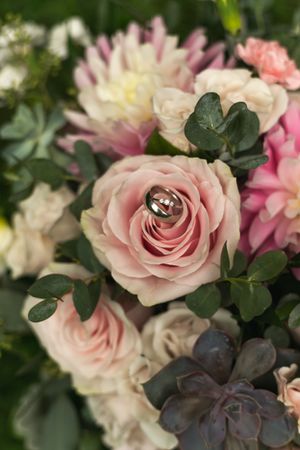 Beautiful wedding bouquet with pink roses and succulents showcasing wedding rings.
