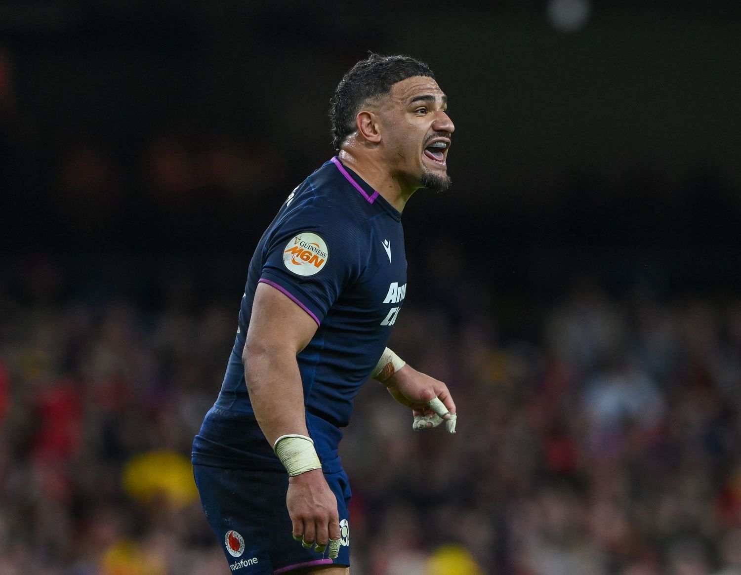 Rugby player in navy blue jersey shouts during match at stadium.