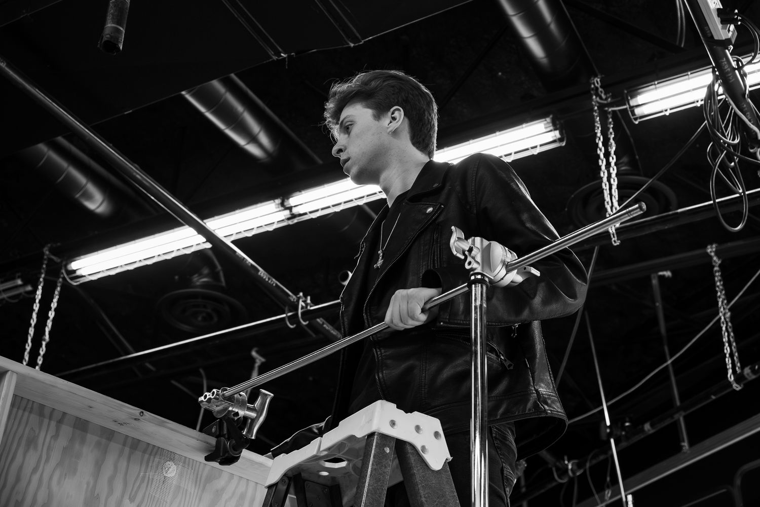 black and white behind the scenes work on film set.