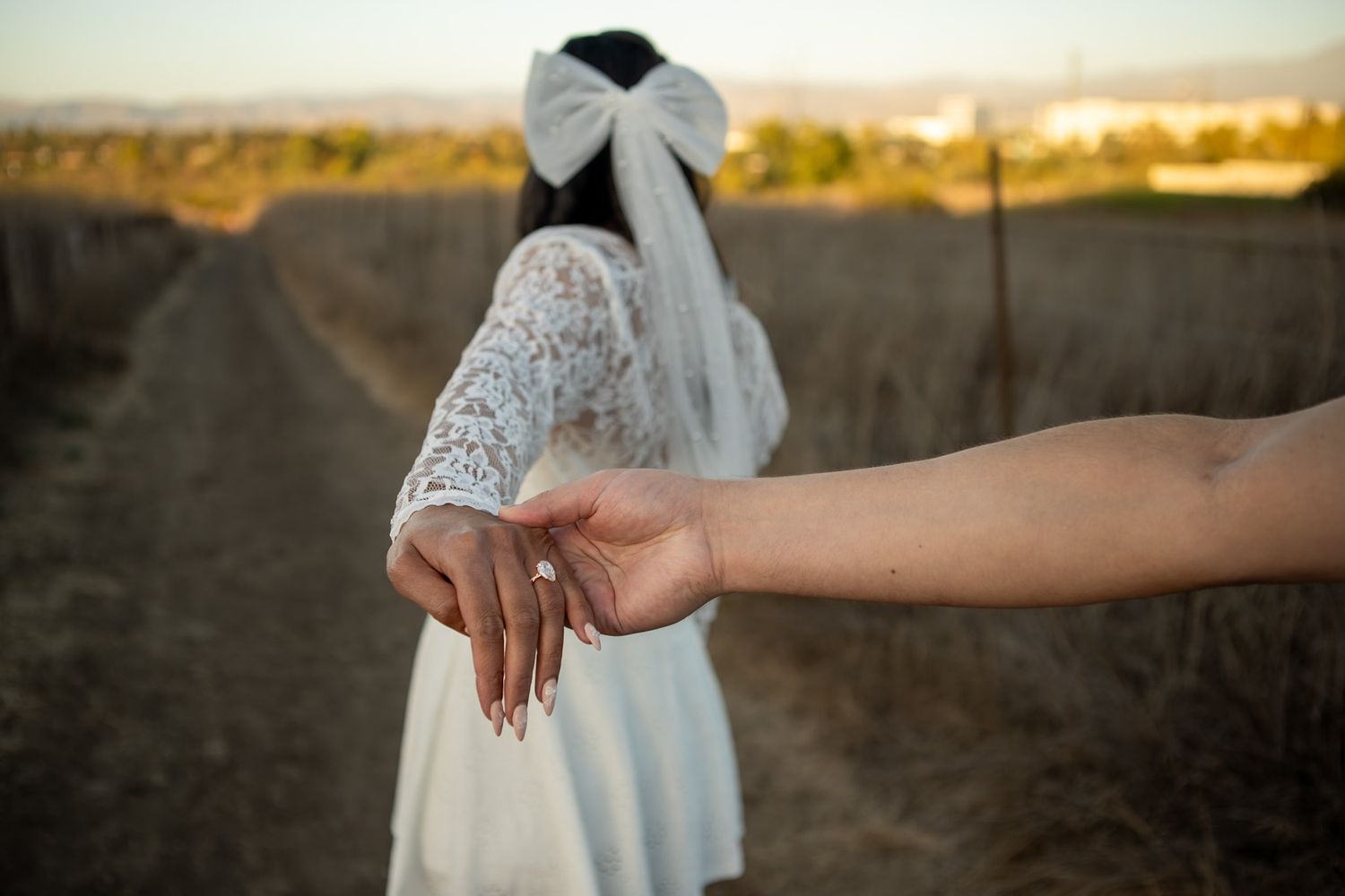 A collection of cropped wedding dress photos showing lace details and fabric textures at sunset.