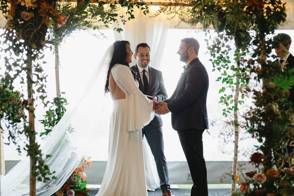 Wedding ceremony montage showing couples exchanging vows under elegant floral arrangements and natural lighting.