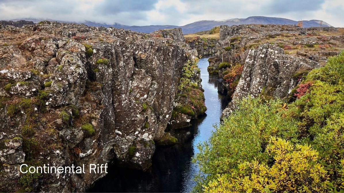 View of the continental rift at Þingvellir National Park where the North American and Eurasian plates meet in Iceland