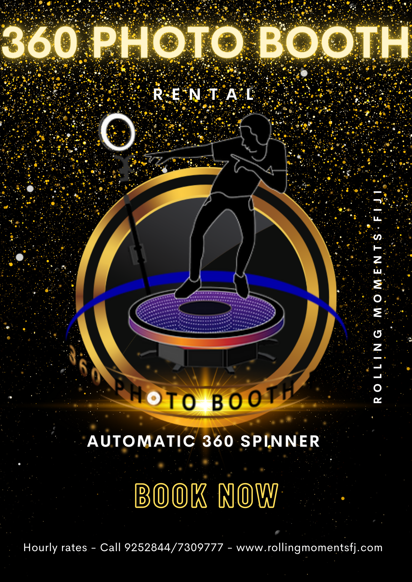 360-degree photo booth rental advertisement with gold and black starry design featuring automatic spinner platform graphics.