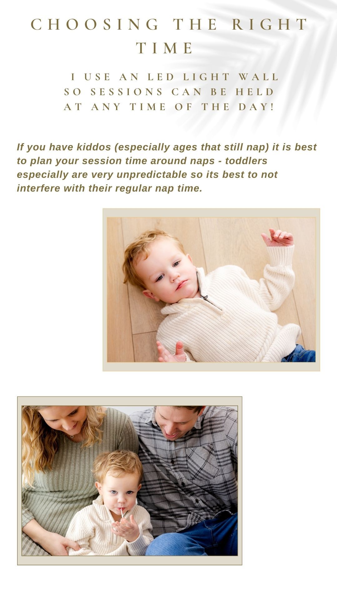A collage of lifestyle photography showing children and parents during indoor photo sessions and text about session timing.