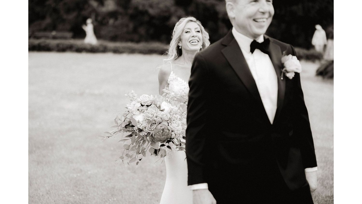 A black and white photo collage of wedding moments showing couples in formal attire during their celebration.