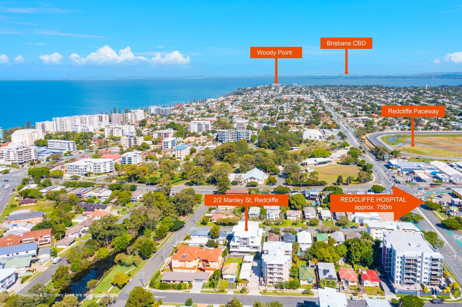 Aerial view of Redcliffe suburb showing Stanley St property near Redcliffe Hospital, Bribie Island CBD, and Woody Point.