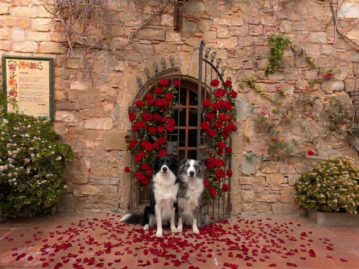 Dos perros posando junto a una puerta decorada con rosas rojas en Sant Jordi. Fotografía de mascotas en Barcelona por Daniel Giménez.