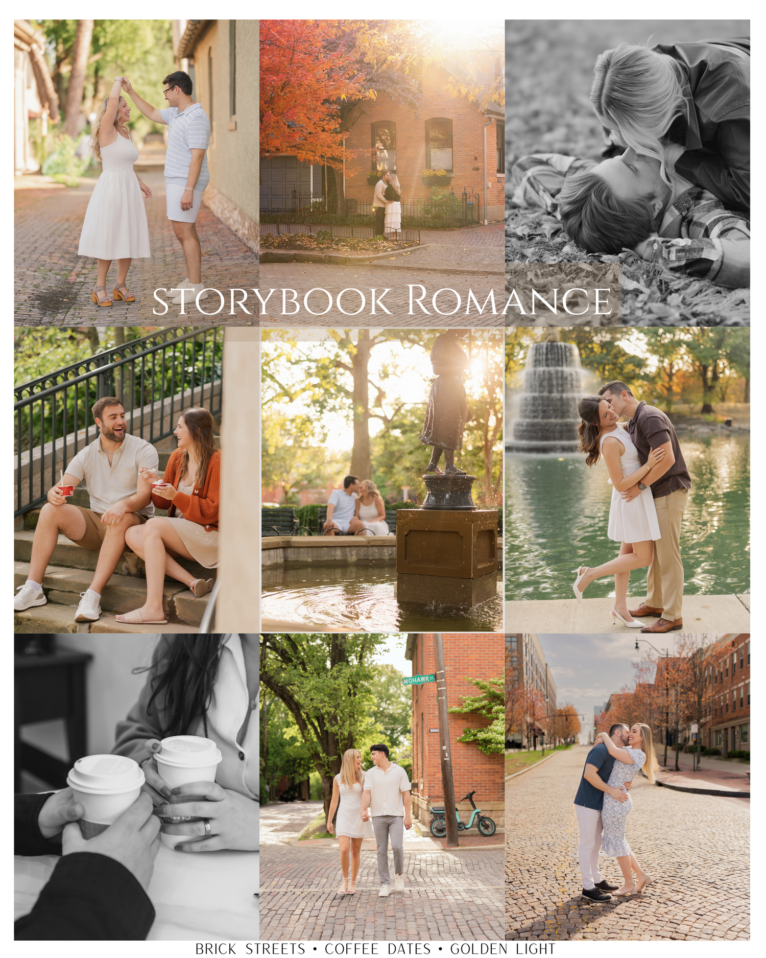 A romantic engagement photo collage featuring couples in outdoor settings with vintage architecture. German village engagement Columbus.